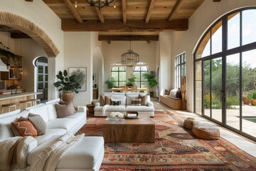 Mediterranean home interior design of modern living room with arched ceiling, Generative AI