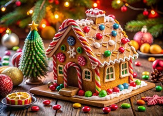 Poster - Colorful gingerbread house stands on a festive table, adorned with candy canes, gumdrops, and icing, surrounded by scattered sweets and holiday decorations.