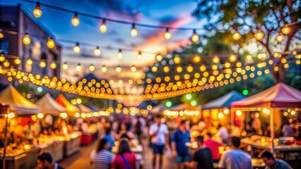 Vibrant colors of twinkling bokeh lights illuminate a blurred street food festival scene, capturing the essence of a lively outdoor culinary celebration at dusk.