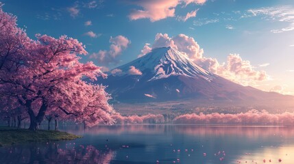 Wall Mural - Mount Fuji in spring with cherry blossom trees in bloom at a lake in Japan