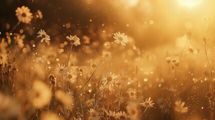 golden hour serenity dreamy field of white daisies bathed in warm sunset light soft focus meadow