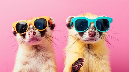 Poster - Two Ferrets Wearing Sunglasses On Pink Background.