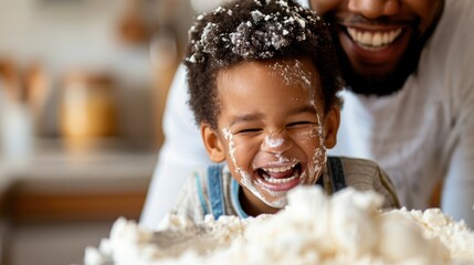 Smiling young boy covered in fake snow, enjoying playful indoor snow activities with family, reflecting happiness, creativity, and the festive spirit in a warm home.