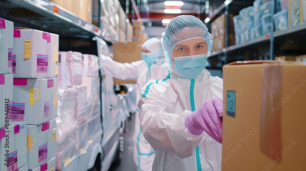 A person in a blue suit is wearing a mask and gloves while working in a ...