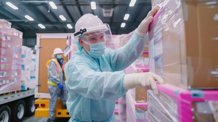 A person in a blue suit is wearing a mask and gloves while working in a warehouse. He is reaching for a box on a pallet