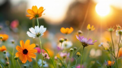 A variety of colorful flowers stand tall in the field, bathed in the warm golden light of the setting sun, illustrating the splendor of nature and end of the day.