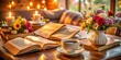 © Man888 - Cozy atmosphere with open Bibles, notebooks, and cups of coffee, surrounded by warm lighting, soft cushions, and vibrant flowers, conveying sense of community and devotion.