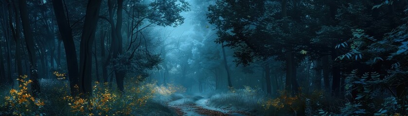 Wall Mural - A dark forest path with trees and leaves on the ground. Scene is eerie and mysterious