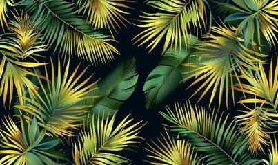 Wall Mural - Photo wallpaper. Tropical leaves on a green background. Golden leaves.