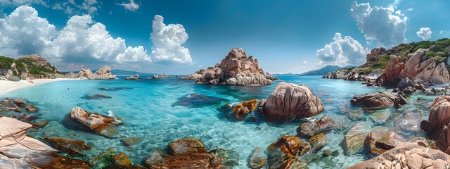 Beautiful coastline with turquoise water, sand and rocks