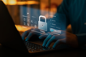 Wall Mural - cyber ​​network security and data protection on the internet, businessman using laptop security encr