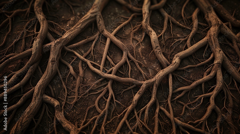 A close up of tree roots that are black and brown. The roots are twisted and gnarled, giving the impression of a tangled mess. Scene is one of mystery and intrigue