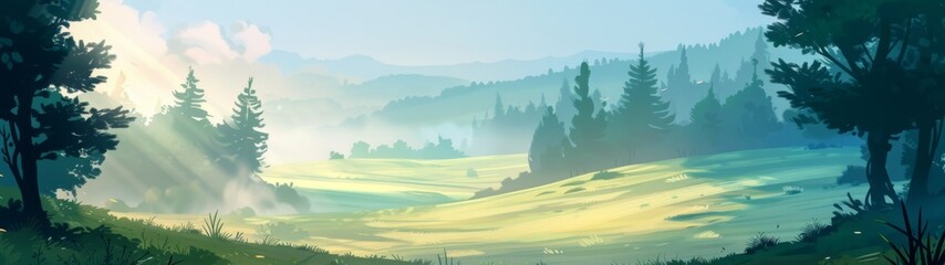 Wall Mural - Hills and meadows. Green grass and mountains in the distance. Beautiful rural nature landscape.