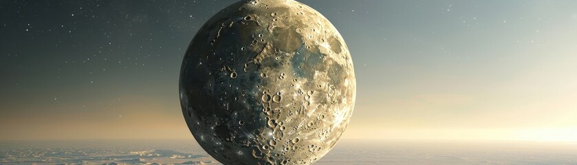 Wall Mural - a large moon is floating above a calm ocean. the sky is filled with stars, creating a serene and pea