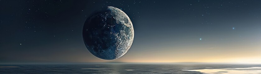 Wall Mural - a large moon is floating above a calm ocean. the sky is filled with stars, creating a serene and pea