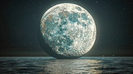 Wall Mural - a large moon is floating above a calm ocean. the sky is filled with stars, creating a serene and pea