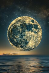 Wall Mural - a large moon is floating above a calm ocean. the sky is filled with stars, creating a serene and pea