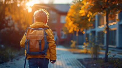 Wall Mural - Editorial advertising photography of a schoolchild returning home, education theme, bright and cheerful setting, empty copy space for text on side