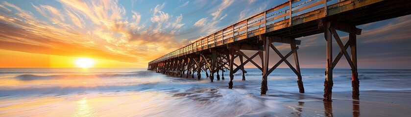 Canvas Print - A wooden pier with a wooden walkway leading to the ocean. The sun is setting, casting a warm glow over the scene. The water is calm, and the sky is filled with clouds