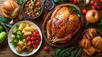 Rustic homemade turkey meal with fresh vegetables on a wooden table.