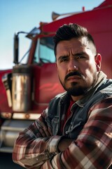 Poster - A man standing in front of a semi truck.