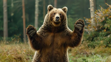 Powerful grizzly bear standing on its hind legs in a forest.