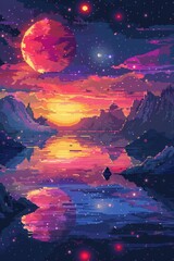 Canvas Print - a colorful painting of a sunset with a large red planet in the background. the sky is filled with st