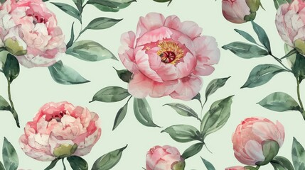 Wall Mural - watercolor pattern with peonies. hand-painted floral illustration with pink flowers and leaves isola