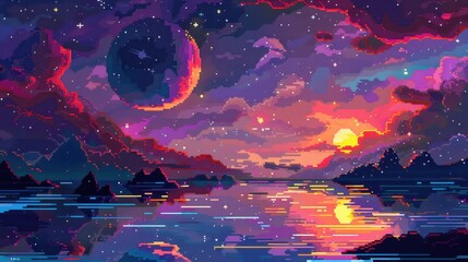 Canvas Print - a colorful painting of a sunset with a large red planet in the background. the sky is filled with st