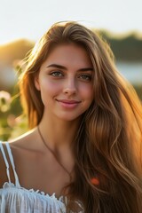 Wall Mural - A beautiful young woman with long hair standing in the sun.