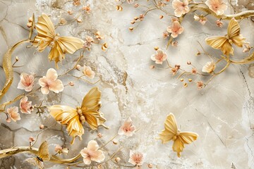 Canvas Print - A pink and yellow flower design with brown branches and butterflies on a light pink background is featured in this 3D wallpaper.