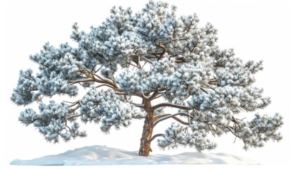 A lush pine tree, winter snow, realistic style, isolated on white background