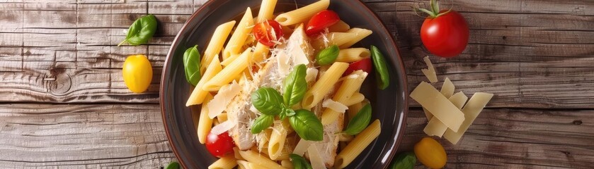 Wall Mural - Top view of penne pasta with fresh basil, cherry tomatoes, and Parmesan cheese on a rustic wooden table. Bright and colorful Italian meal.