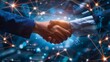© pinkrabbit - Close up of business people shaking hands against technology background, leader, teamwork, target, Aim, confident, achievement, goal, on plan, finish, generate by AI