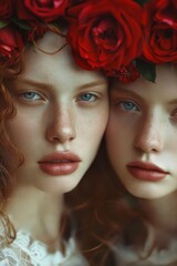 Wall Mural - Two beautiful women with red roses on their heads.