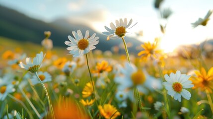 Wall Mural - A detailed view of daisies in a lush meadow during sunrise, with a serene and natural landscape, showcasing the early morning light and the beauty of nature.