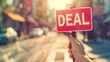 © Blackmint Studio - A person holds a red sign that reads DEAL in white letters, standing on a busy city street with blurred buildings and traffic in the background