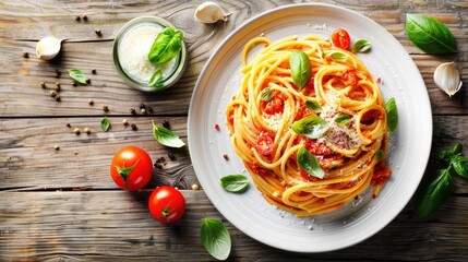 Wall Mural - Top view of delicious spaghetti pasta with tomatoes, basil, and cheese on a wooden table, ready to eat, ideal for Italian cuisine lovers.