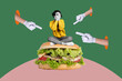 © deagreez - Creative photo collage image young girl sit burger sandwich nutrition meal hands showing pointing gesture fastfood junk snack offense