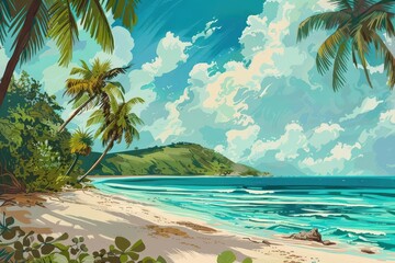 Canvas Print - tropical beach paradise with turquoise water white sand and palm trees vintage travel poster illustration