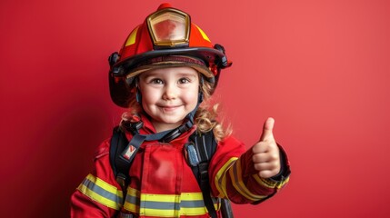 Cute little firefighter with a fire hose.