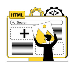 Web development. A man builds a website out of the elements