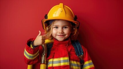 Cute little firefighter with a fire hose.