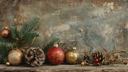 Poster - Holiday ornaments on a rustic wooden backdrop