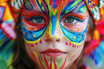 vibrant facepainted girl kaleidoscope of colors joyful expression carnival atmosphere