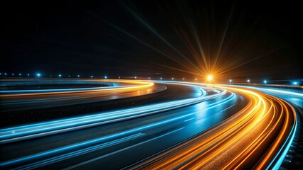 Wall Mural -  Light trails on highway at night, blue and orange streaks symbolizing energy and technology advancement,generative ai