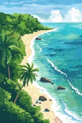 Wall Mural - A beautiful blue ocean with a green island in the middle. The island is surrounded by water and has a rocky shoreline. The sky is clear and the sun is shining, creating a peaceful