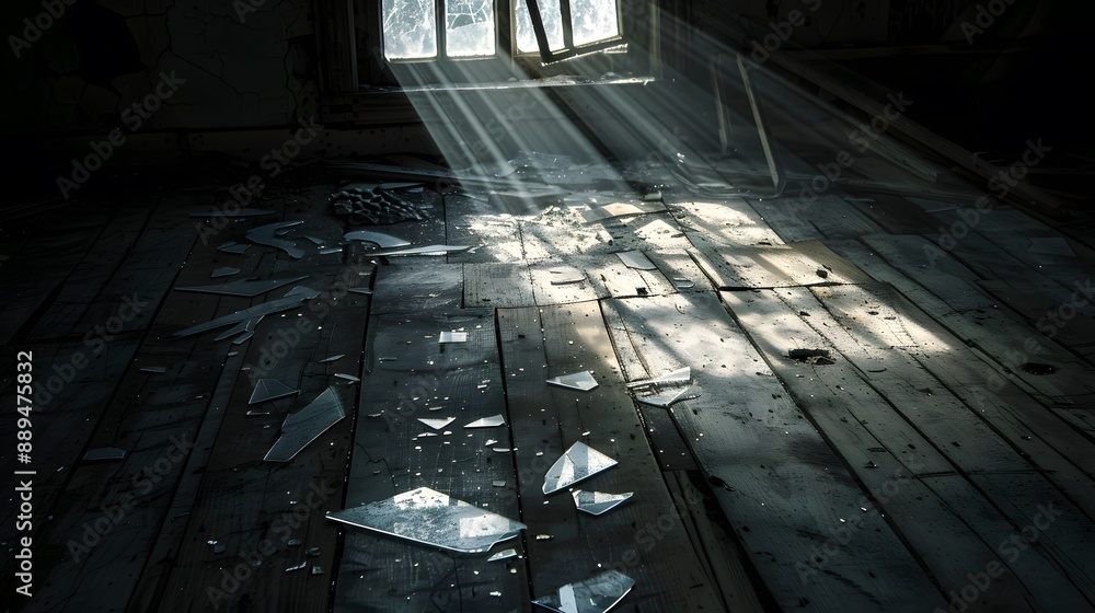 Sun Rays Fractured Broken Window with Sun Rays: Sun rays streaming through a broken window ...