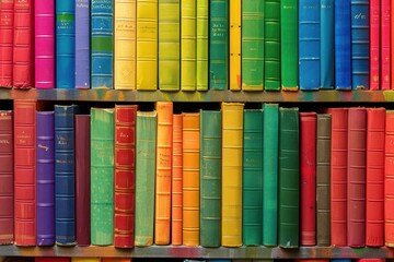 vibrant rainbow of colorful books on bookshelf inspiring reading background