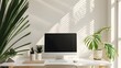 © MrBeer - Minimalist office setup with computer and natural decor, emphasizing negative space